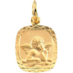 14k Yellow Gold Angel Medal with Diamond-Cut Frame (12x11 MM)