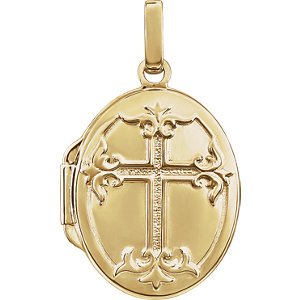 Hammered Fleury Cross 14k Yellow Gold Oval Locket Pendant