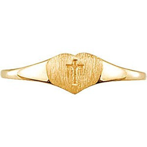 Girls's Heart and Cross 4.25mm Signet Ring, 14k Yellow Gold, Size 3