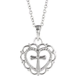 Scalloped Heart with Cross Sterling Silver Youth Pendant Necklace, 16" and 18" (15.50X11.70 MM)