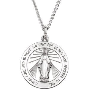 Rhodium Plated Sterling Silver Miraculous Medal with Curb Chain Necklace, 24" (22.25 MM)