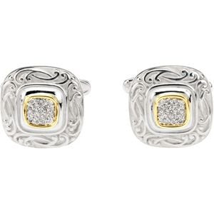 2-Tone Pave Diamond Scroll-Work Square Cuff Links, Sterling Silver, 14k Yellow Gold, (.25 Ctw, GH, I1)