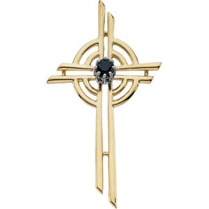 Blue Sapphire Circle Cross 14k Yellow Gold Pendant