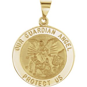 14k Yellow Gold Round Hollow Guardian Angel Medal (21.75 MM)