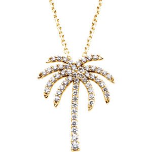 Diamond Palm Tree 14k Yellow Gold Pendant Necklace, 16"(1/3 Cttw)
