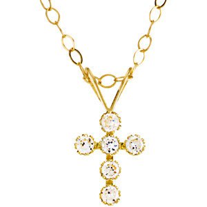 Childrens 14k Yellow Gold Cubic Zirconia Cross Necklace, 15"