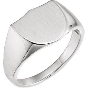 Men's Brushed Closed Back Shield Signet Ring, Rhodium-Plated 14k White Gold (14mm) Size 10.25