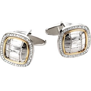 Diamond Alligator Skin Pattern Cuff Links, Sterling Silver, 14k Yellow Gold (.50 Ctw, GH Color, Clarity I1 )