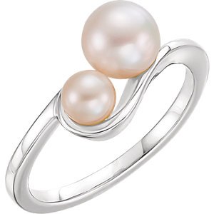 White Freshwater Cultured Pearl Two-Stone Ring, Rhodium-Plated 14k White Gold (4.5-5mm, 6.5-7mm)
