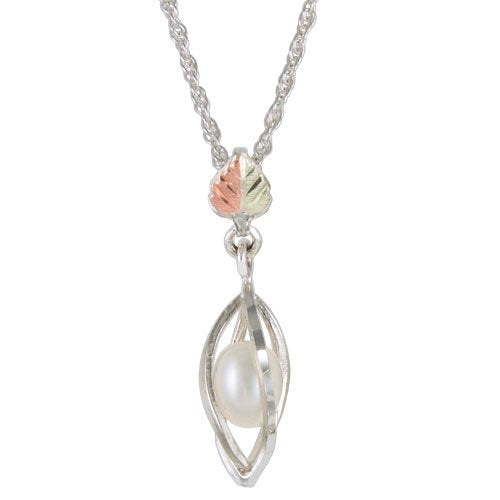 Cultured Pearl Teardrop Pendant Necklace, Sterling Silver, 12k Green and Rose Gold Black Hills Gold Motif, 18''