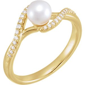 White Freshwater Cultured Pearl, Diamond Bypass Ring, 14k Yellow Gold (5-5.5mm)(0.1 Ctw, G-H color, I1 Clarity)