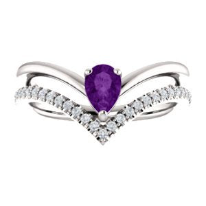 Amethyst Pear and Diamond Chevron Platinum Ring ( .145 Ctw, G-H Color, SI2-SI3 Clarity)