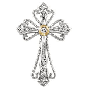 Diamond Beaded Cross Pendant, Rhodium-Plated 14k White and Yellow Gold (.16 Ctw, H+ Color, I1 Clarity)