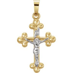 Small Two-Tone Budded Crucifix INRI Pendant, 14k Yellow and White Gold (19X14MM)