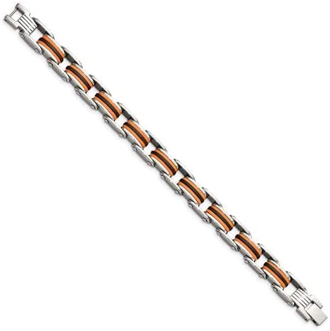 Men's Stainless Steel 9mm Black and Orange Polyurethane Link Bracelet, 8.75 Inches