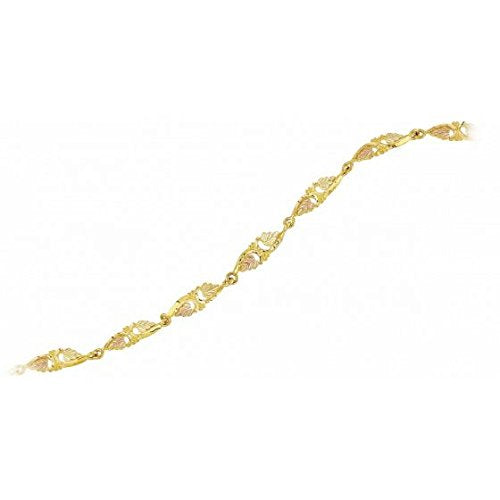 Petite Heart Shape Leaf Bracelet, 10k Yellow Gold, 12k Green and Rose Gold Black Hills Gold Motif, 7"