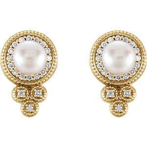 White Freshwater Cultured Pearl and Diamond Earrings, 14k Yellow Gold (5-5.5MM) (0.2 Ctw, G-H Color, I1 Clarity)