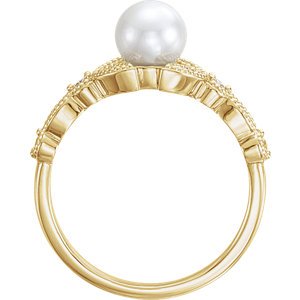 White Freshwater Cultured Pearl, Diamond Leaf Ring, 14k Yellow Gold (6-6.5mm)( .125 Ctw, Color G-H, Clarity I1) Size 7.25