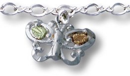 Petite Butterfly Anklet Bracelet, Sterling Silver, 12k Green and Rose Gold Black Hills Gold Motif, 9.5"