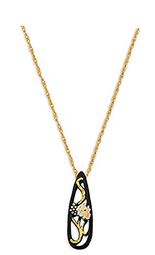 Ave 369 Black Powder Coat Tear Drop Necklace, 10k Yellow Gold, 12k Rose and Green Gold Black Hills Gold Motif, 18"