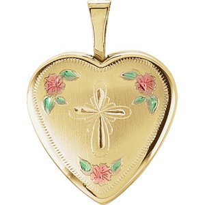 Infinity Cross and Roses 14k Yellow Gold Heart Locket Pendant (15.75X15.75 MM)