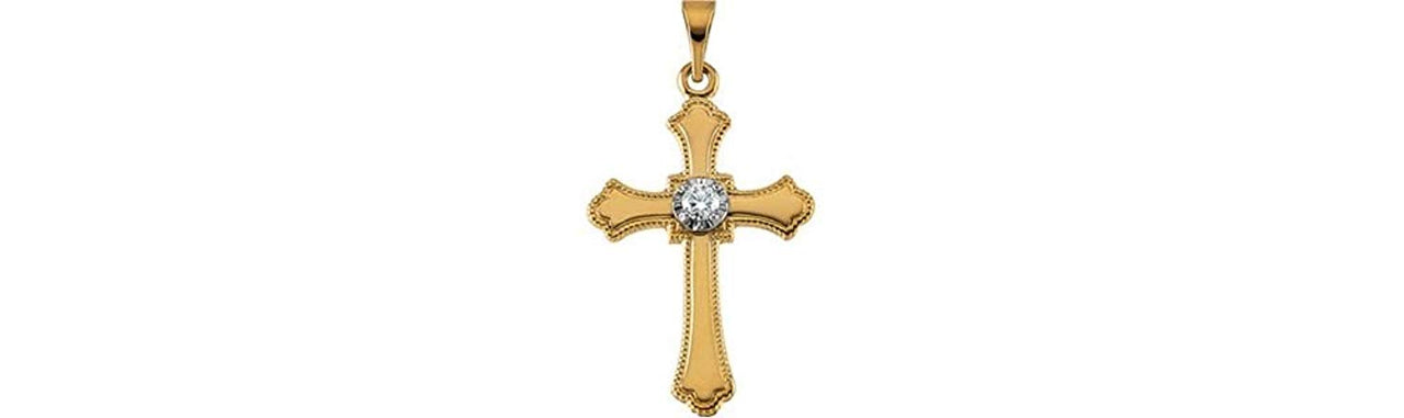 Diamond Fleur-de-Lis Cross 14k Yellow Gold Pendant