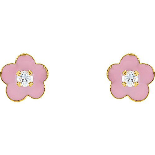 Girl's Pink Enamel Flower CZ Earrings, 14k Yellow Gold