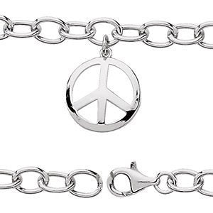 Peace Sign Charm Sterling Silver Bracelet, 7.5"