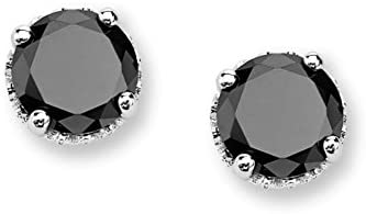 Round Black CZ Retro Setting Rhodium Plated Sterling Silver Earrings, 8MM