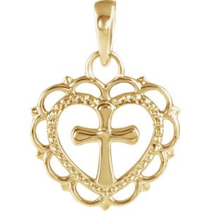 Scalloped Heart with Cross 14k Yellow Gold Youth Pendant (15.50X11.70 MM)