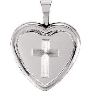 Diamond-Cut Heart with Cross Sterling Silver Locket Pendant (16X15.75 MM)