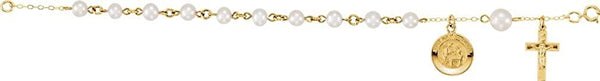 14k Yellow Gold and White Freshwater Pearls First Holy Communion Rosary Bracelet, 6"