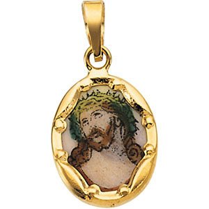 14k Yellow Gold Face of Jesus Hand-Painted Porcelain Medal (13x10 MM)