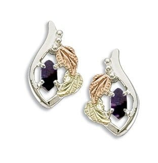 Ave 369 Created Soude Amethyst Marquise February Birthstone Earrings, Sterling Silver, 12k Green and Rose Gold Black Hills Gold Motif