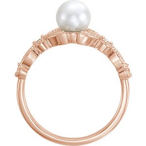 White Freshwater Cultured Pearl, Diamond Leaf Ring, 14k Rose Gold (6-6.5mm)( .125 Ctw, Color G-H, Clarity I1)