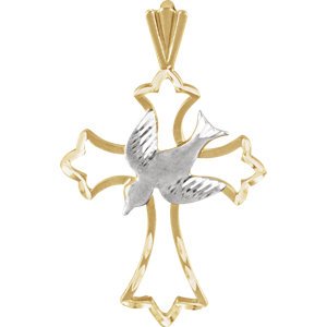 Two-Tone Dove and Cross 14k Yellow and White Gold Pendant (23.75 X 17.75 MM)