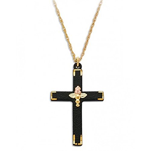 Ave 369 Black Powder Coated Cross Pendant Necklace, 10k Yellow Gold, 12k Green and Rose Gold Black Hills Gold Motif, 18"