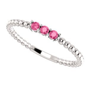 Pink Tourmaline Beaded Ring, Sterling Silver, Size 6