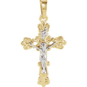 Two-Tone Floral Crucifix 14k Yellow and White Gold Pendant(26.5X19MM)