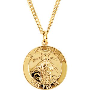 Sterling Silver Rhodium Plated 24k Yellow Gold Plated St. Jude Medal Necklace, 24" (22MM)