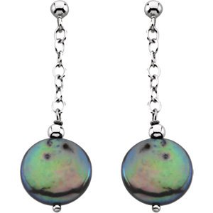 Black Freshwater Cultured Coin Pearl Earrings, Sterling Silver (12.5-13 MM)