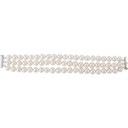 White Freshwater Cultured Pearl Triple Strand Sterling Silver Bracelet, 7.25" (8.0-9.0 MM)