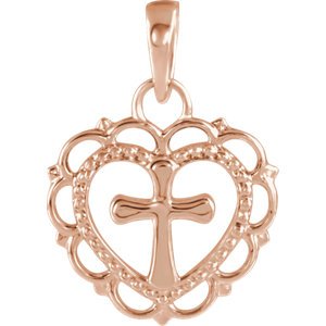 Scalloped Heart with Cross 14k Rose Gold Youth Pendant (15.50X11.70 MM)