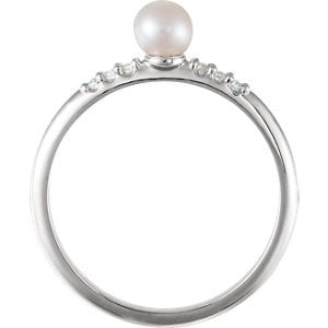 White Cultured Pearl, Diamond Stackable Ring, Rhodium-Plated 14k White Gold (4-4.5mm)(.05Ctw, Color G-H, Clarity I1) Size 6.75