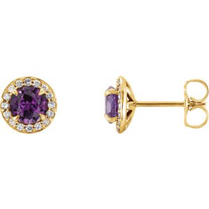 Chatham Created Alexandrite and Diamond Halo-Style Earrings, 14k Yellow Gold (3.5 MM) (.16 Ctw, G-H Color, I1 Clarity)