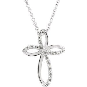 Diamond Twisted Cross Rhodium Plate 14k White Gold Pendant Necklace, 18" (1/10 Cttw)