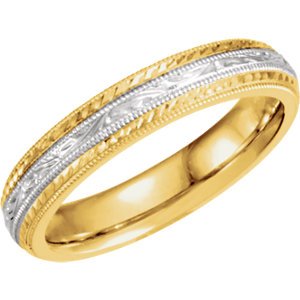 4mm 14k Yellow and White Gold Two-Tone Hand-Engraved Comfort Fit Band, Size 7