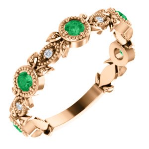 Chatham Created Emerald and Diamond Vintage-Style Ring, 14k Rose Gold, Size 7.25