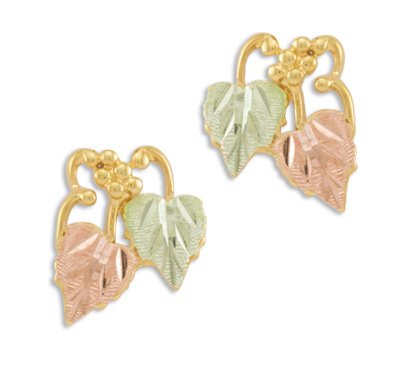 Frosty Leaves Stud Earrings, 10k Yellow Gold, 12k Green and Rose Gold Black Hills Gold Motif