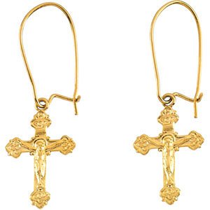 14k Yellow Gold Crucifix Dangle Earring